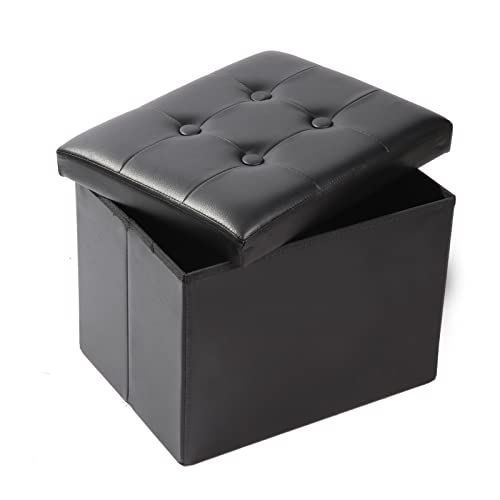 Black Leather ALASDO foldable storage ottoman, 13"D x 17"W x 13"H
