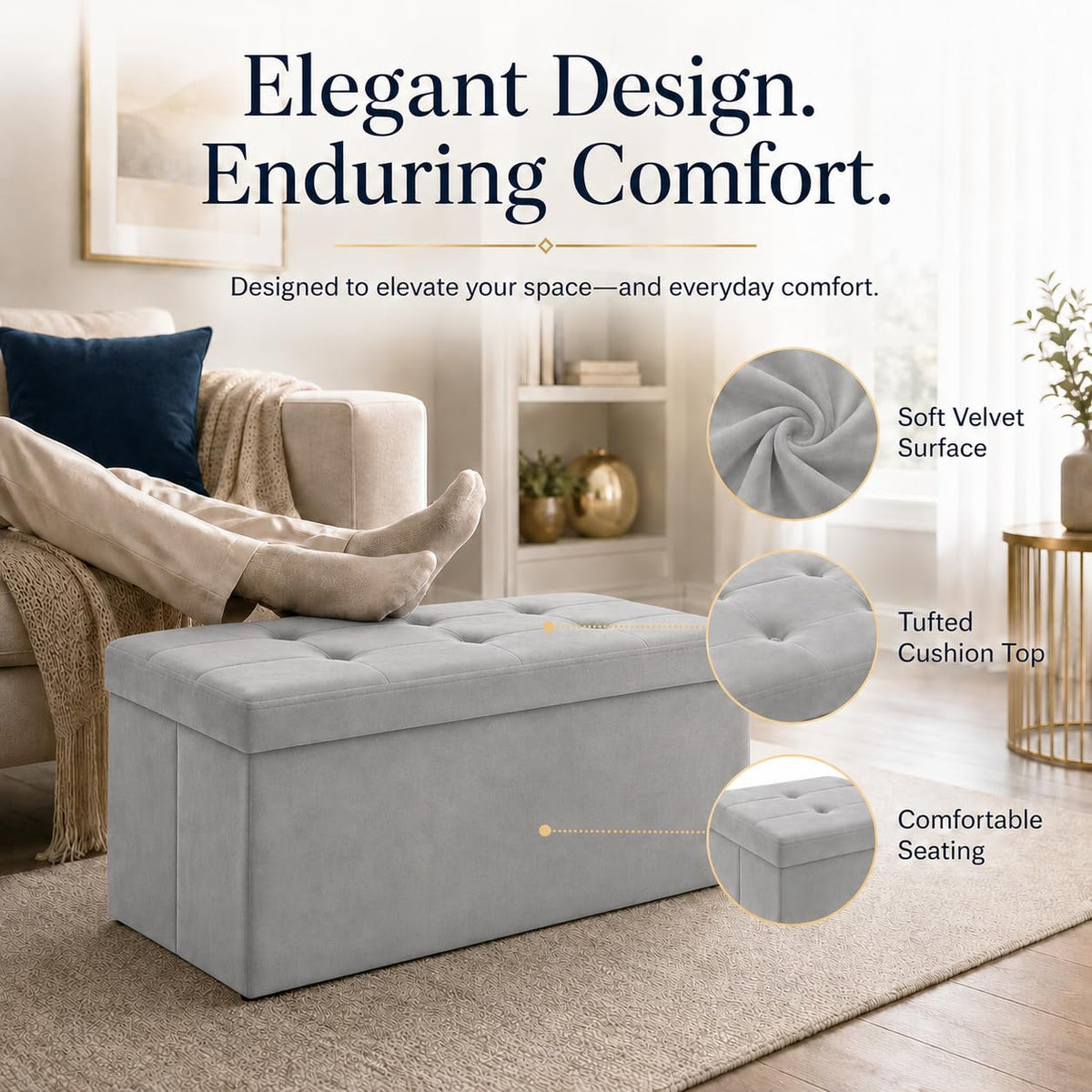 Dark Gray Velvet ALASDO storage ottoman, 15"D x 30"W x 15"H, image 3
