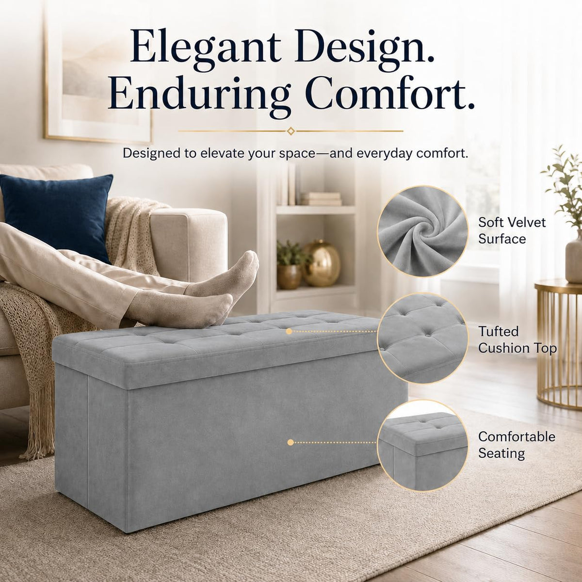 Dark Gray Velvet ALASDO storage ottoman, 15"D x 43"W x 15"H, image 3