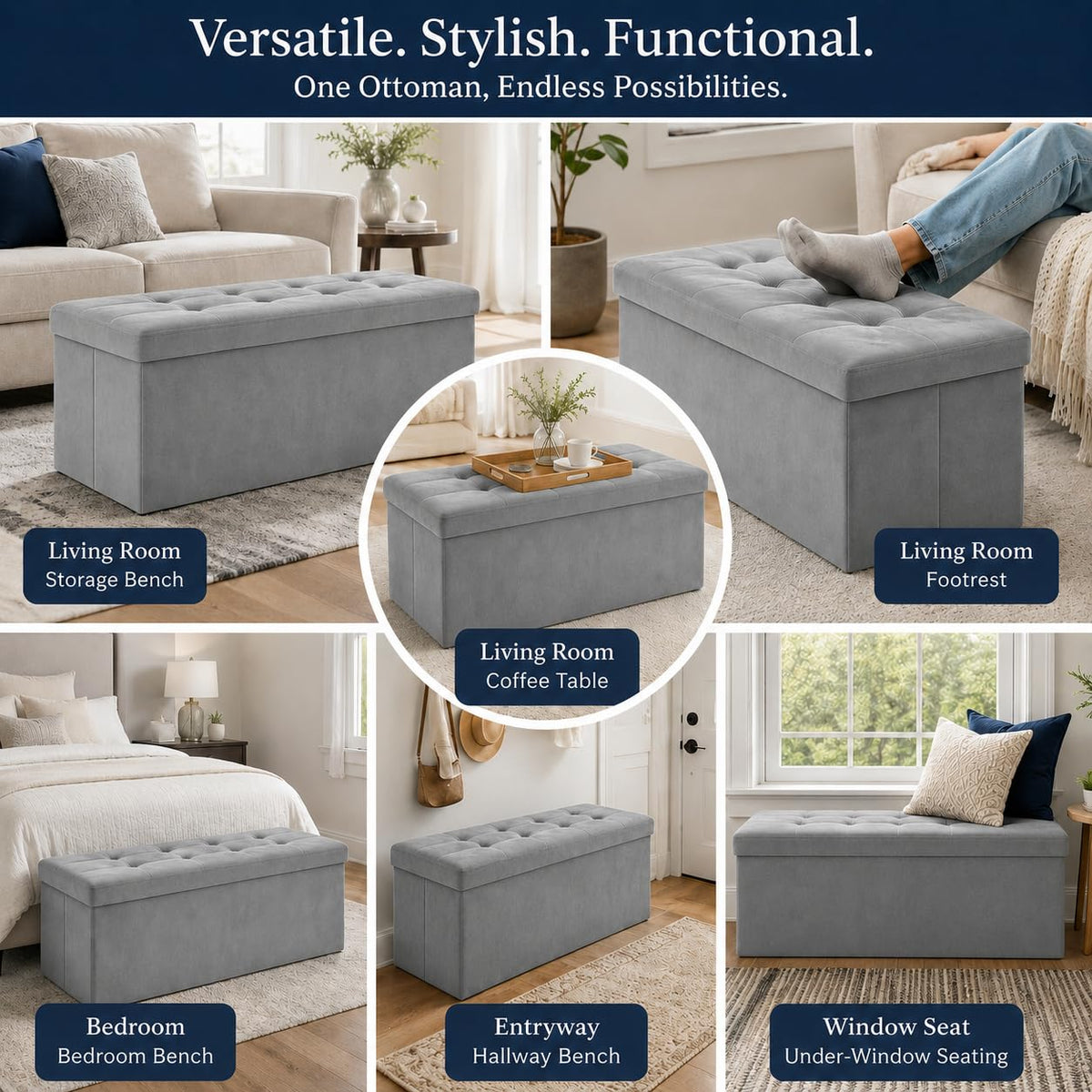 Dark Gray Velvet ALASDO storage ottoman, 15"D x 43"W x 15"H, image 7