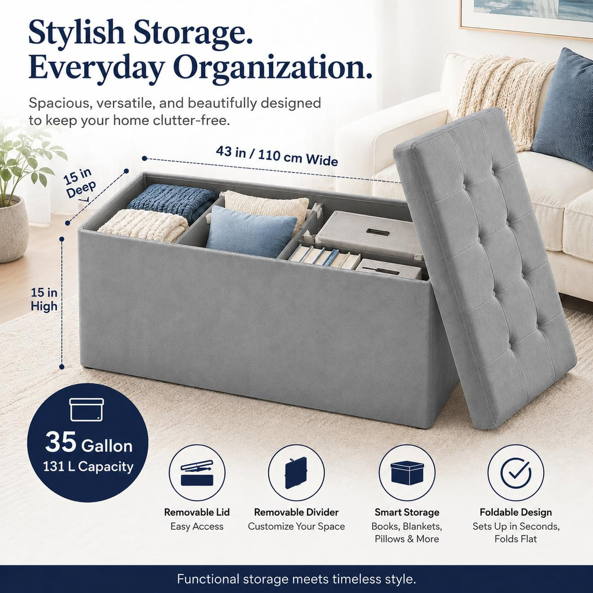 Dark Gray Velvet ALASDO storage ottoman, 15"D x 43"W x 15"H, image 6