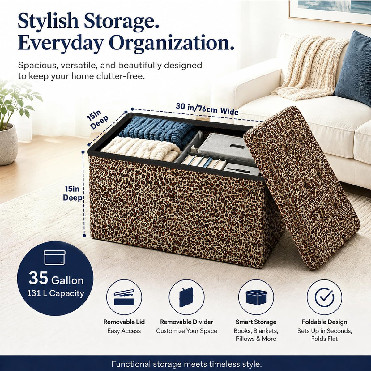 Leopard Print Leather ALASDO storage ottoman, 30"D x 15"W x 15"H, image 6