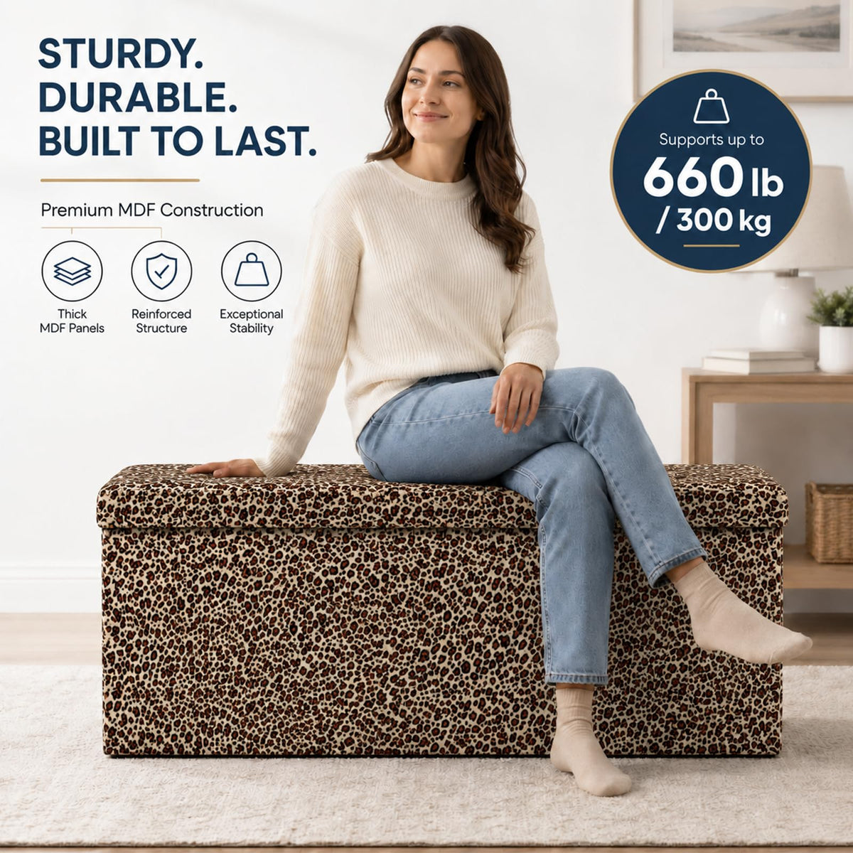 Leopard Print Leather ALASDO storage ottoman, 43"D x 15"W x 15"H, image 4