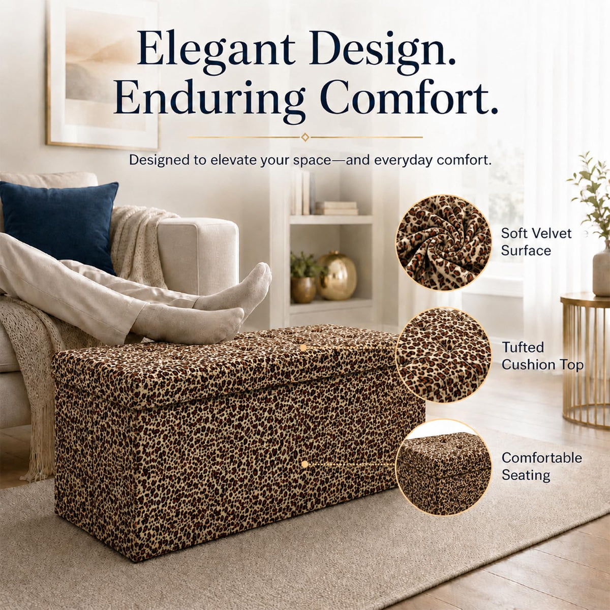 Leopard Print Leather ALASDO storage ottoman, 30"D x 15"W x 15"H, image 3