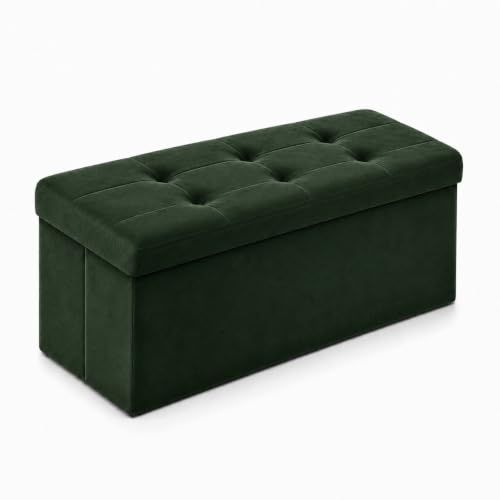 Dark Green Velvet ALASDO foldable storage ottoman, 30"D x 15"W x 15"H