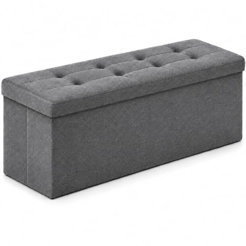 Grey Leather ALASDO foldable storage ottoman, 43"D x 15"W x 15"H