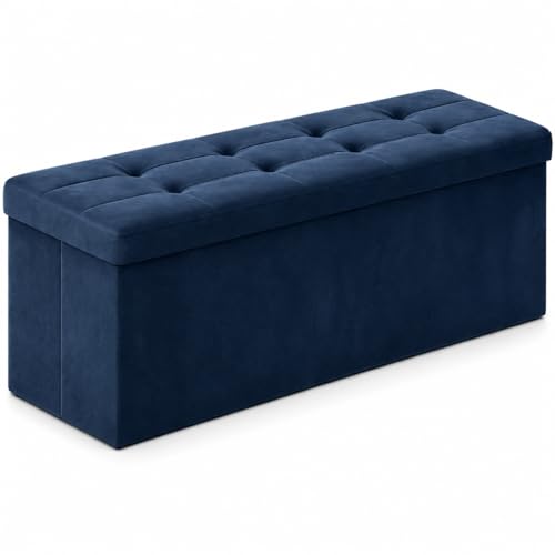 Navy Blue Velvet ALASDO foldable storage ottoman, 15"D x 43"W x 15"H
