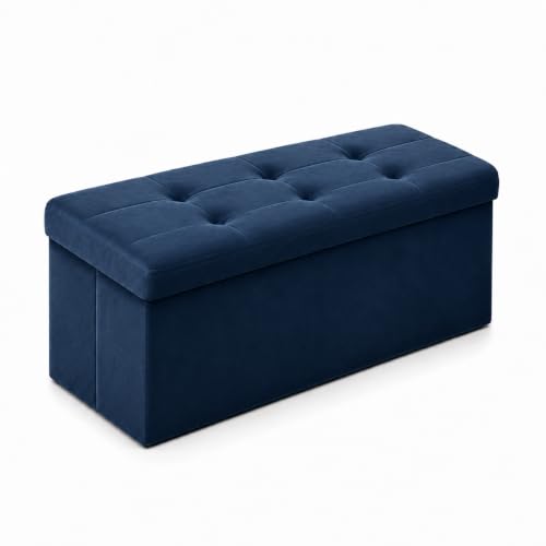 Navy Blue Velvet ALASDO storage ottoman, 15"D x 30"W x 15"H, image 1
