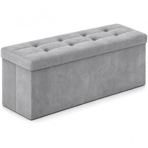 Dark Gray Velvet ALASDO foldable storage ottoman, 15"D x 43"W x 15"H
