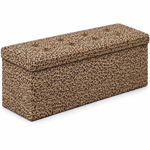 Leopard Print Leather ALASDO foldable storage ottoman, 43"D x 15"W x 15"H