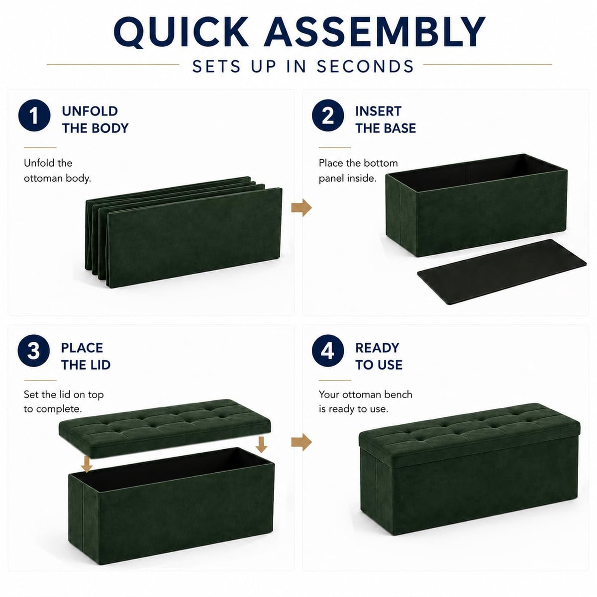 Dark Green Velvet ALASDO storage ottoman, 15"D x 43"W x 15"H, image 5