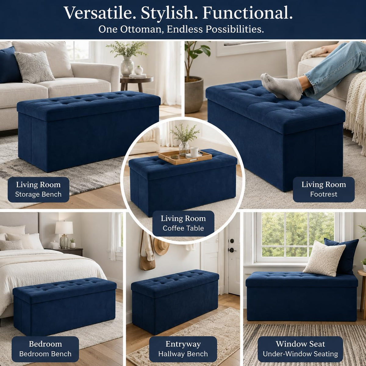 Navy Blue Velvet ALASDO storage ottoman, 15"D x 43"W x 15"H, image 7