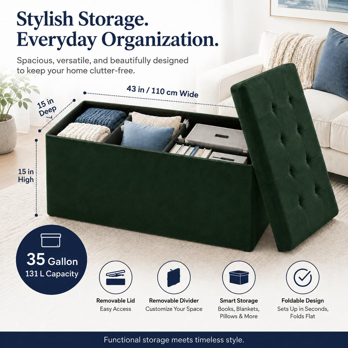 Dark Green Velvet ALASDO storage ottoman, 15"D x 43"W x 15"H, image 6