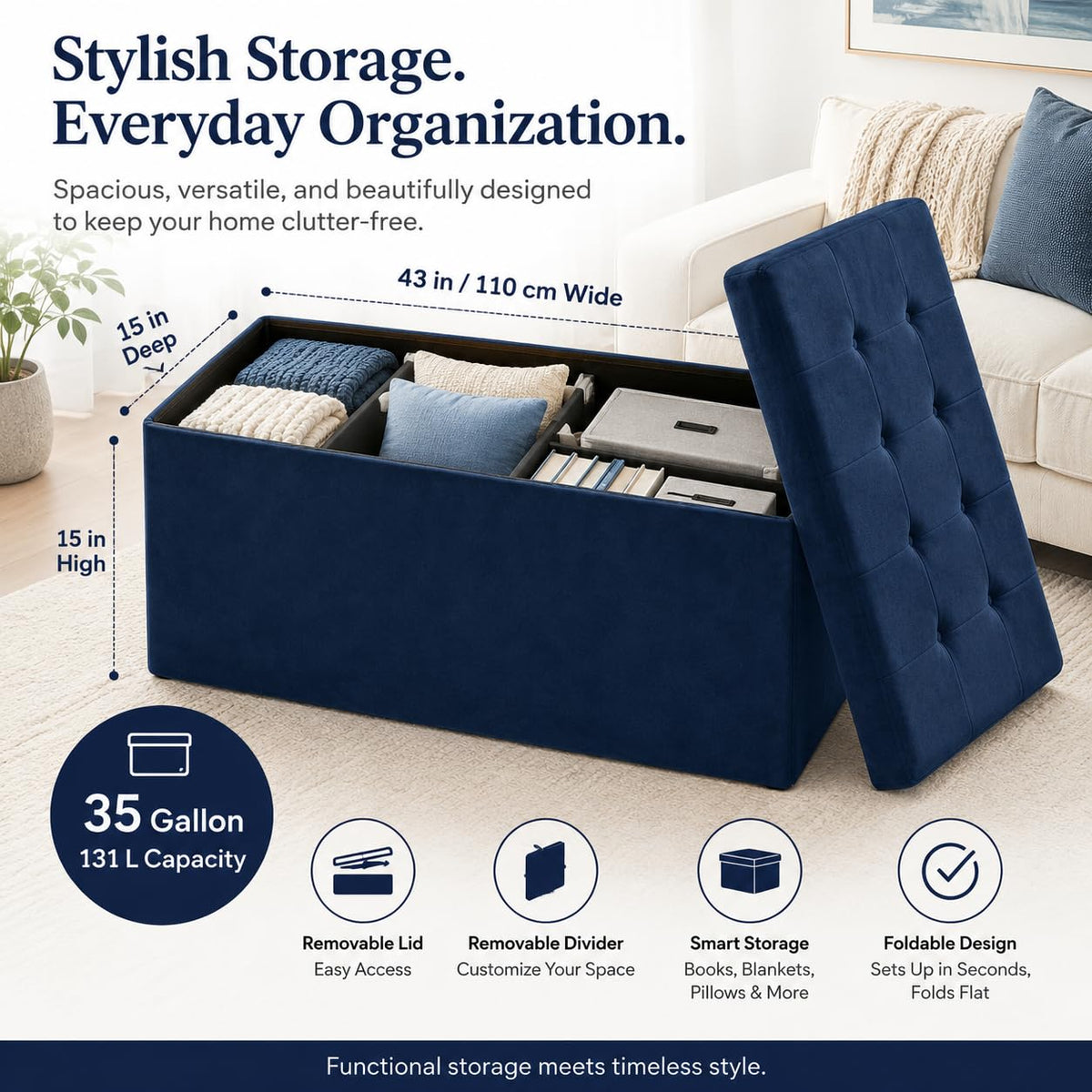 Navy Blue Velvet ALASDO storage ottoman, 15"D x 43"W x 15"H, image 6