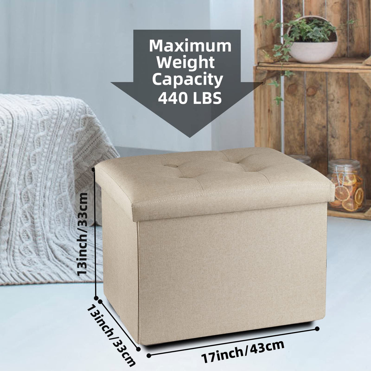 Beige ALASDO storage ottoman, 13"D x 17"W x 13"H, image 4
