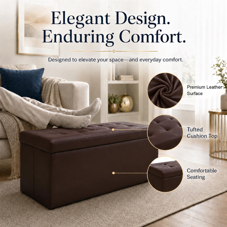 Brown Leather ALASDO storage ottoman, 30"D x 15"W x 15"H, image 3