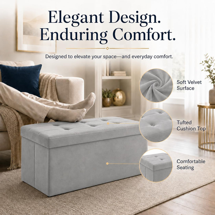 Dark Gray Velvet ALASDO storage ottoman, 15"D x 30"W x 15"H, image 3
