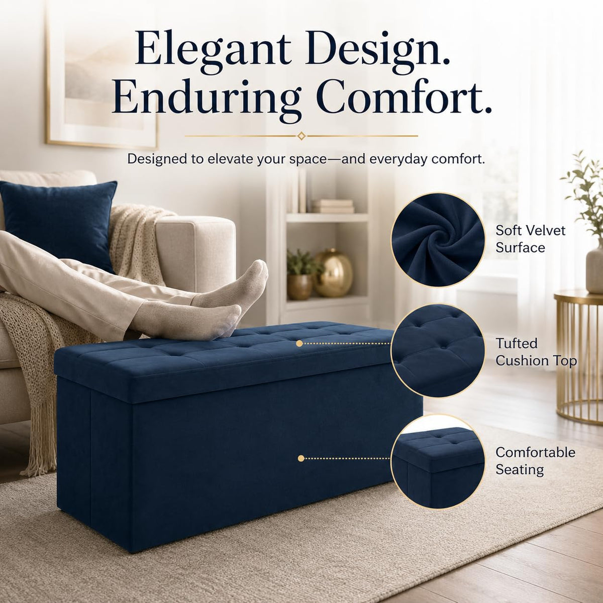 Navy Blue Velvet ALASDO storage ottoman, 15"D x 43"W x 15"H, image 3