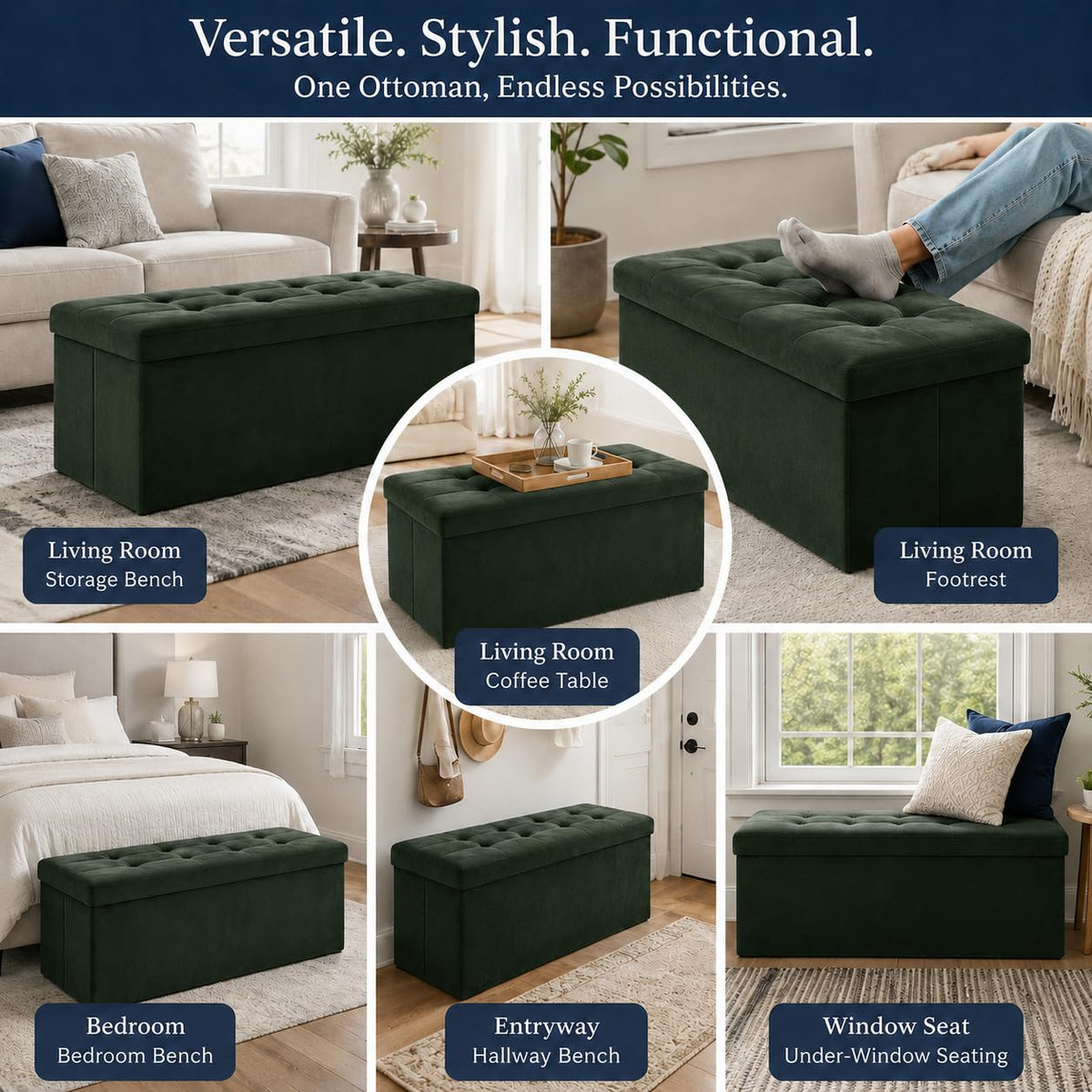 Dark Green Velvet ALASDO storage ottoman, 15"D x 43"W x 15"H, image 7