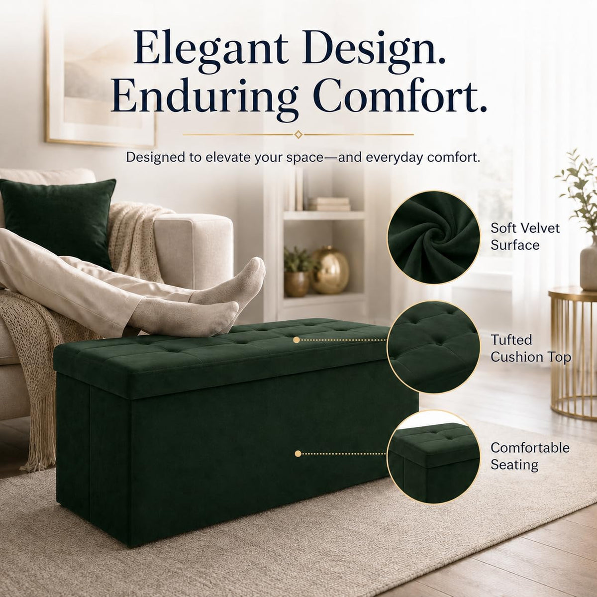 Dark Green Velvet ALASDO storage ottoman, 15"D x 43"W x 15"H, image 3