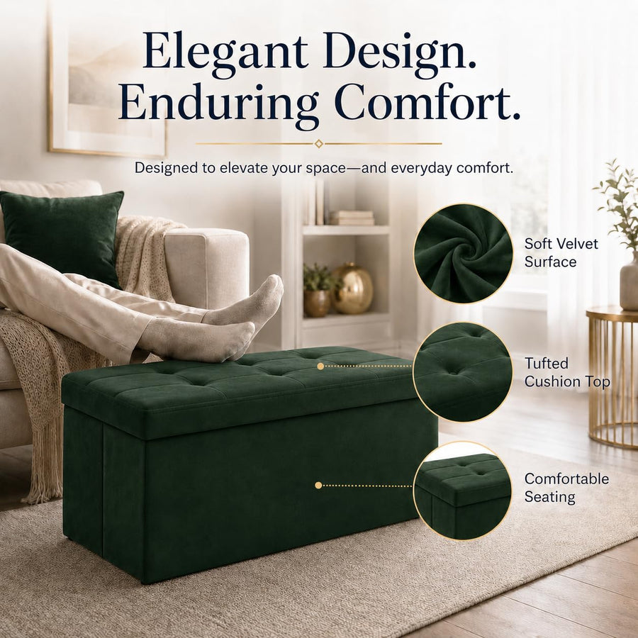 Dark Green Velvet ALASDO storage ottoman, 30"D x 15"W x 15"H, image 3
