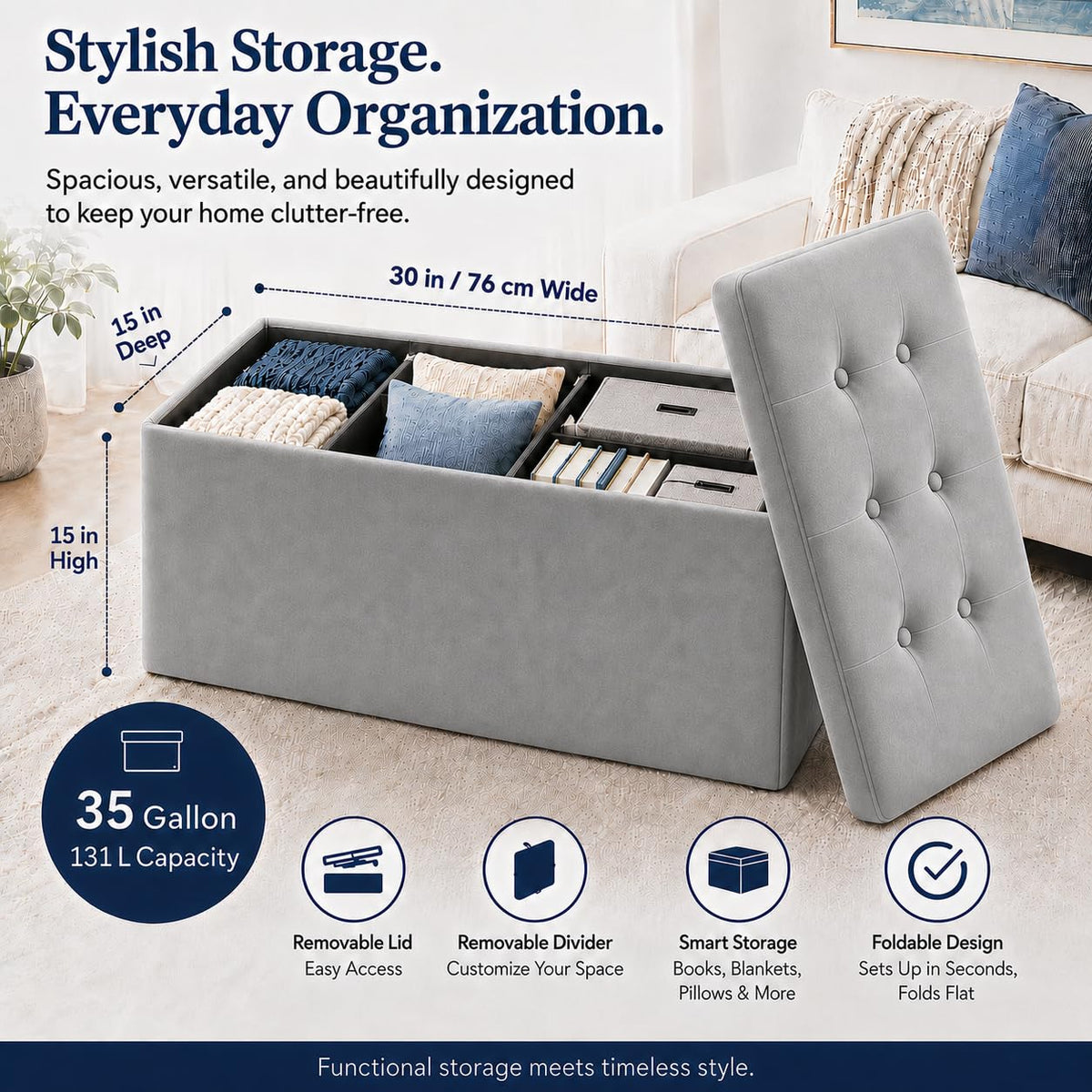 Dark Gray Velvet ALASDO storage ottoman, 15"D x 30"W x 15"H, image 6