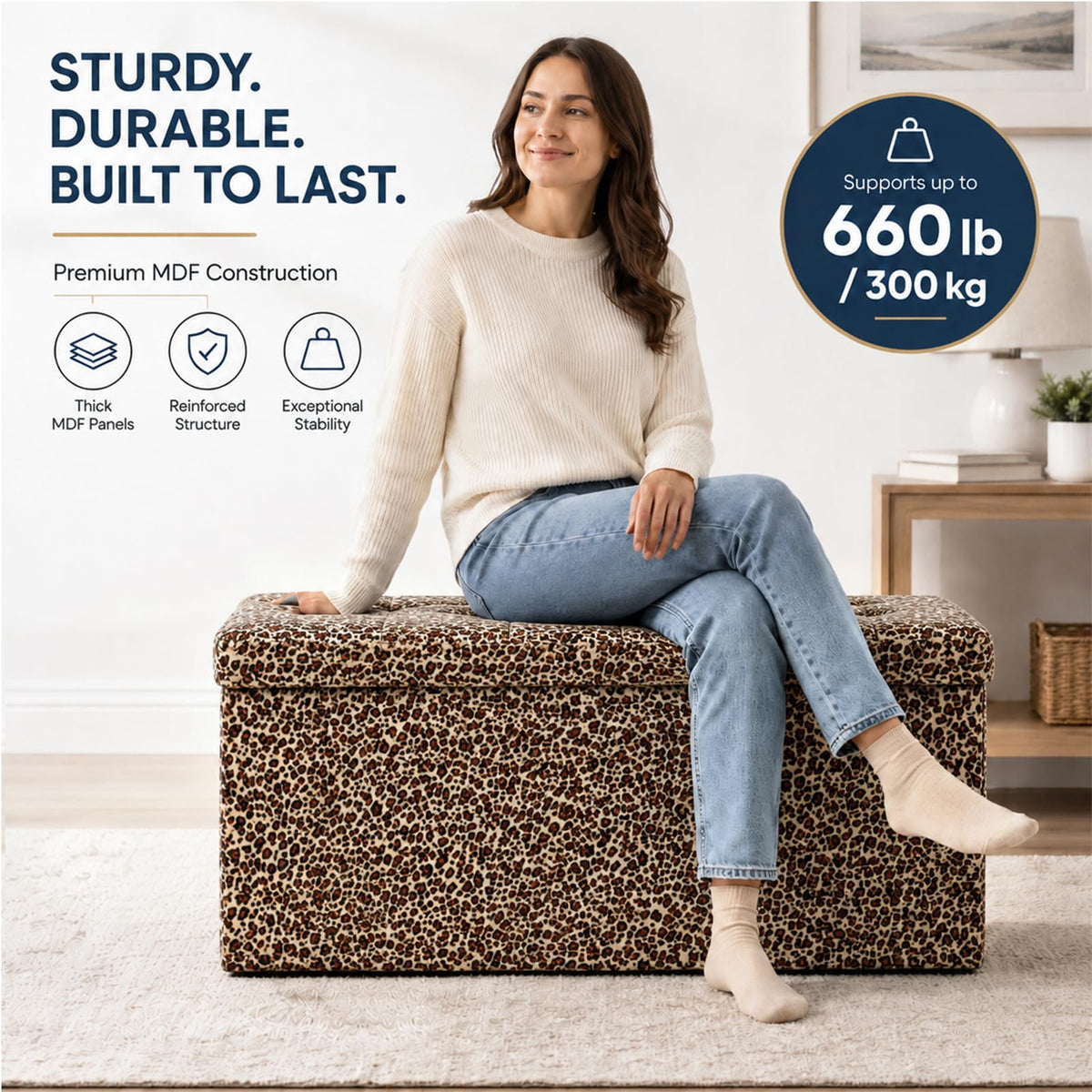 Leopard Print Leather ALASDO storage ottoman, 30"D x 15"W x 15"H, image 4