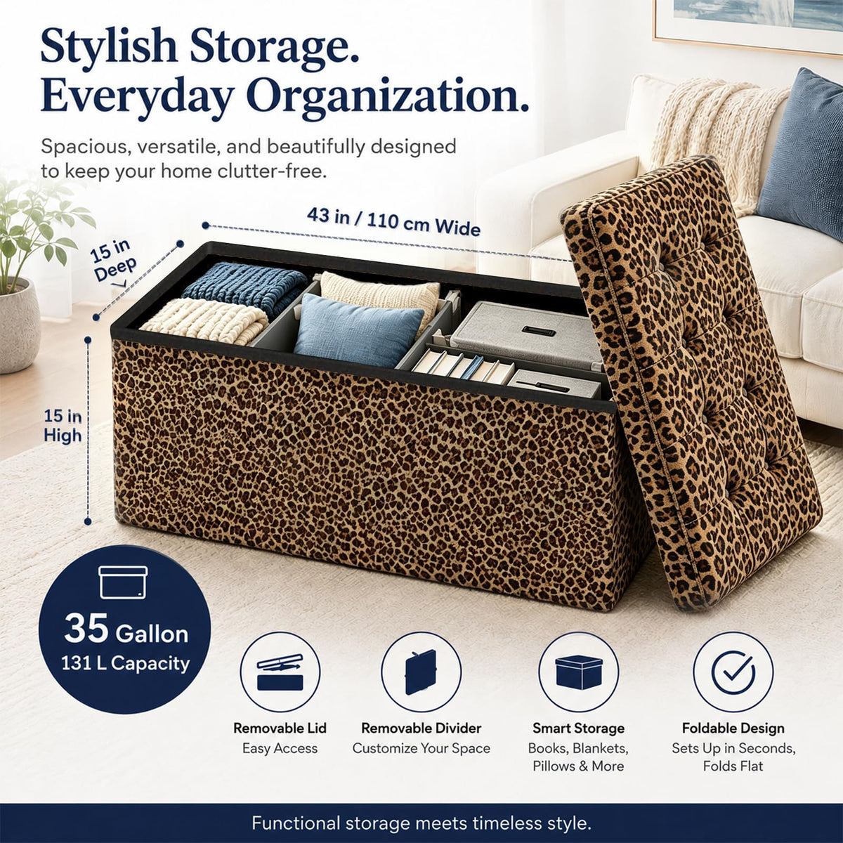 Leopard Print Leather ALASDO storage ottoman, 43"D x 15"W x 15"H, image 6