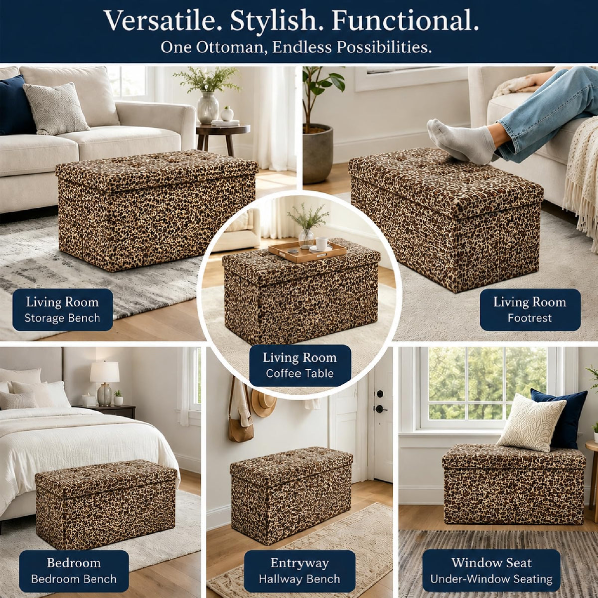 Leopard Print Leather ALASDO storage ottoman, 30"D x 15"W x 15"H, image 7