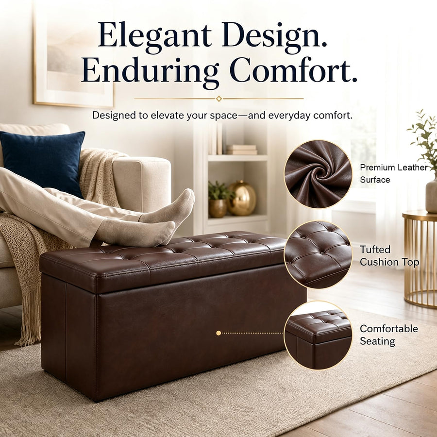 Brown Leather ALASDO storage ottoman, 43"D x 15"W x 15"H, image 3