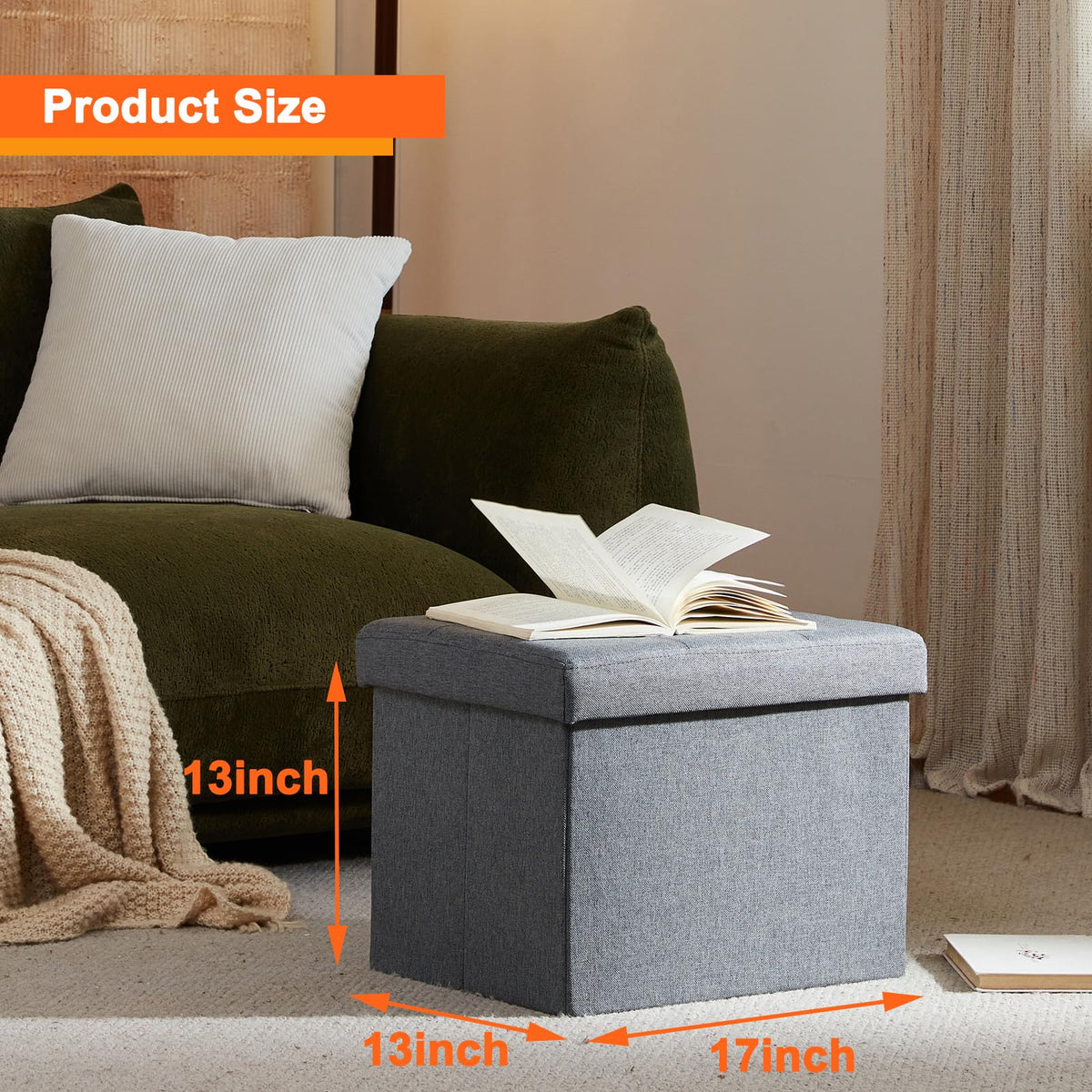 Grey ALASDO storage ottoman, 13"D x 17"W x 13"H, image 4