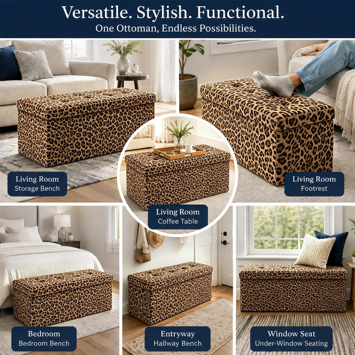 Leopard Print Leather ALASDO storage ottoman, 43"D x 15"W x 15"H, image 7
